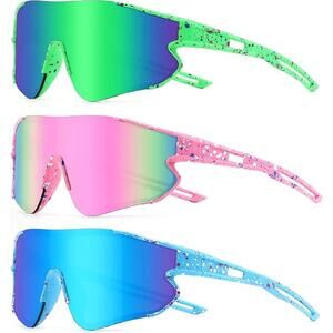 New YuJian 3 Pack Kids UV Protection Blue Pink Green Youth Sunglasses w Case